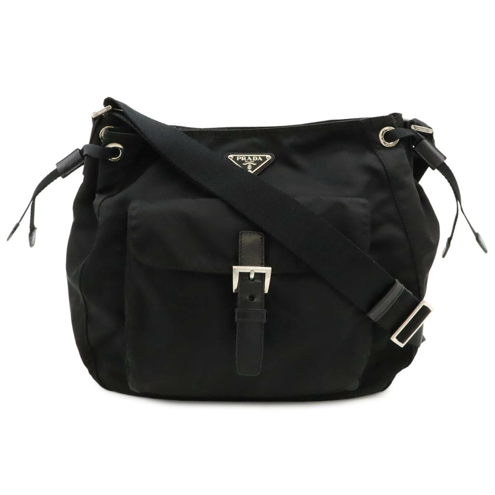 Prada Triangle Shoulder Bag Drawstring Crossbody Leather NERO Black